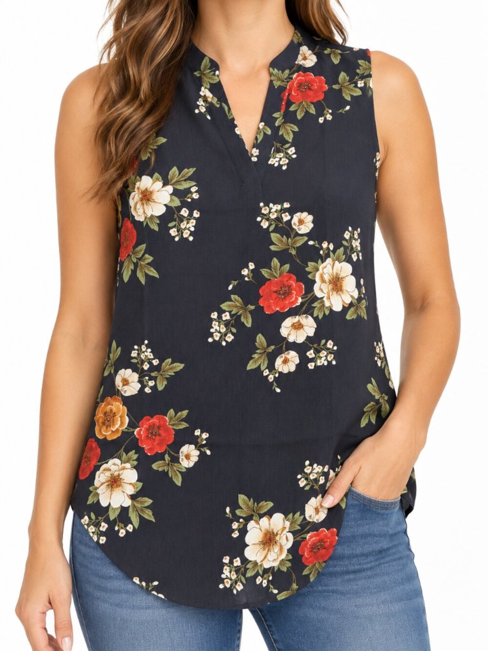 Amaryllis Navy Floral Sleeveless Tunic Blouse S